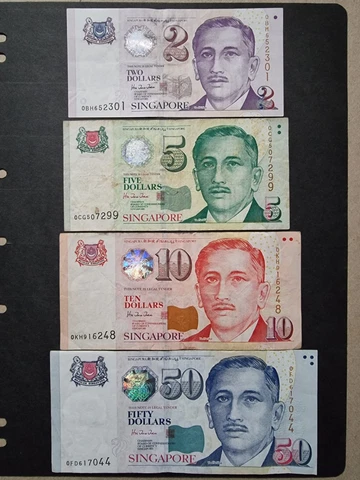 Singapore 2, 5, 10 & 50 dollars Banknotes Set of 4 BCCS notes Cover