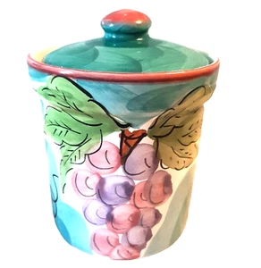 Certified International Pottery Canister Portugal Teal Purple Grapes 5.5" AS IS - Picture 1 of 9