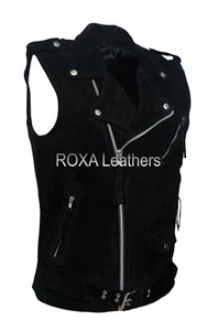ROXA Men Sheepskin Suede Leather Waist Jacket Biker Stylish Belt Black Vest Coat - Picture 1 of 12