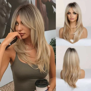 US Light Brown Blonde Hair Wigs with Bangs for Women Long Layer Ombre Daily Use - Picture 1 of 16