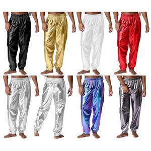 Men Long Pants Elastic Waist Metallic Shiny Pants Sporty Dance Pants Clubwear - Picture 1 of 67