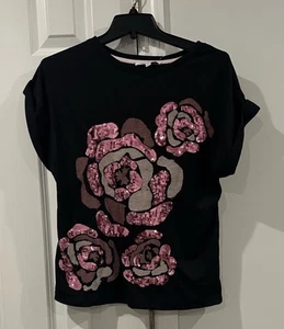 Neu mit Etikett Emily Daniels Damen Pailletten Blumen Top T-Shirt schwarz Damen Small - Bild 1 von 6