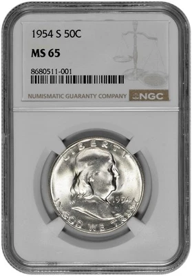 1954 S 50C Silver Franklin Half Dollar NGC Graded MS 65 White in New Holder - Image 1 of 2