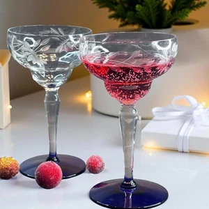 Art Deco Etched Crystal Champagne Coupes • Cobalt Blue Stem & Foot • 1930s Blown - Picture 1 of 11