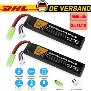 2 Stk 11,1V 2000mAh 30C LiPo Batterie Mini Tamiya Stecker für Airsoft RC Modell - Bild 1 von 19