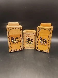 VTG MCM Woodpecker Wood Ware Rooster Salt and Pepper w/ Tooth Pick Holder - Picture 1 of 10