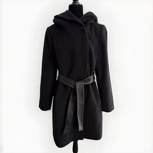 Cole Haan Coat Black Hooded Wool Blend Women’s 10 Leather Belt Full Zip Snap - Picture 1 of 16