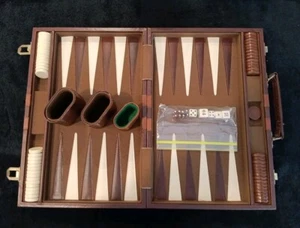 Backgammon Vintage Game Set Faux Leather Case Handle W/ Book & Instructions - Picture 1 of 16