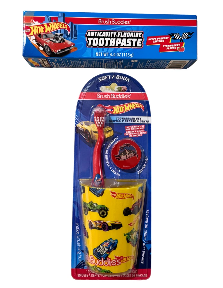 Juego de cepillos de dientes Hot Wheels con tapa, taza de enjuague y pasta de dientes de fresa Foto 1 de 1