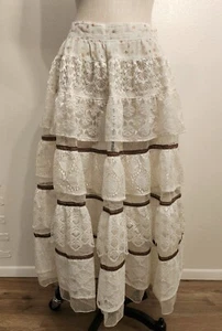 Vintage Handmade Peasant Lace Tiered Long Maxi Flowy Sheer Skirt  - Picture 1 of 9