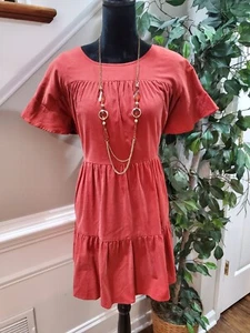 Very J Women Red Cotton Round Neck Short Sleeve Casual Knee Length Dress Small - Picture 1 of 15