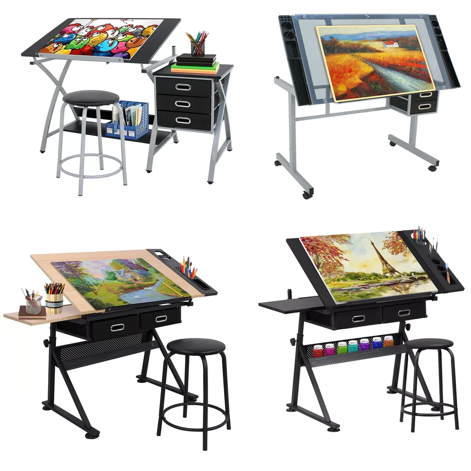 Drafting Table Station Glass Top Drawing Desk Craft Station Artist Multi Type - Image 1 of 1