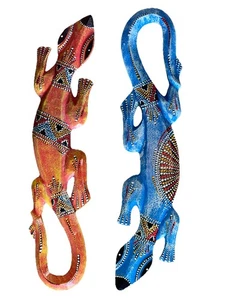 2 BEAUTIFUL GECKOS WOOD WALL ART HOME DECOR TIKI TROPICAL PATIO HANGING - Picture 1 of 2