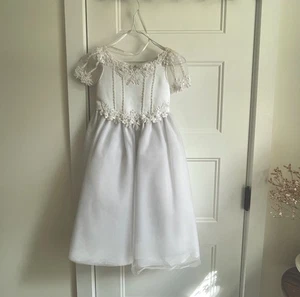 Vintage Santa Monica Hochzeit Blumenmädchen verziertes weißes Satinkleid Größe 3. - Bild 1 von 13