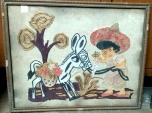 INDIA VINTAGE HAND MADE THREAD EMBROIDERY IN WOODEN FRAME WITH GLASS - Picture 1 of 4