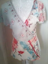 Pure Silk Pale Turquoise Floral Short Sleeve Wrap Top szS. Exquisite
