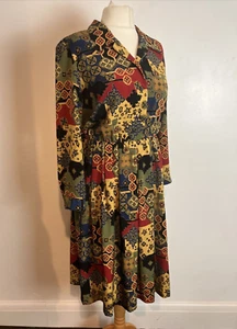 Abito Camicia Midi Vintage Norman Linton Multicolore Maniche Lunghe Taglia 18 - Foto 1 di 6