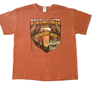 New Funny Orange Hunting Deer Drinking Beer Oh Happy Day T Shirt Men's XL Gildan - Picture 1 of 6