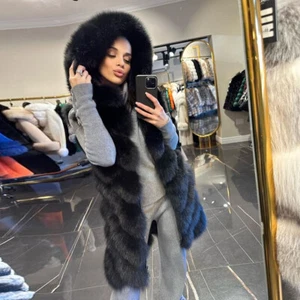 Winter Elegant Women Genuine Fox Fur Hood Vest Coat Warm Jacket Thick Waistcoats - Picture 1 of 6