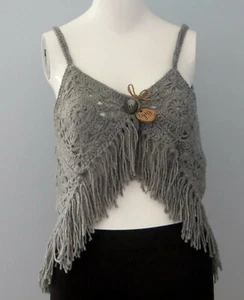 New Handmade Crochet Gray Size M Sleeveless Fringes V-Neck Boho Blouse Tops - Picture 1 of 8