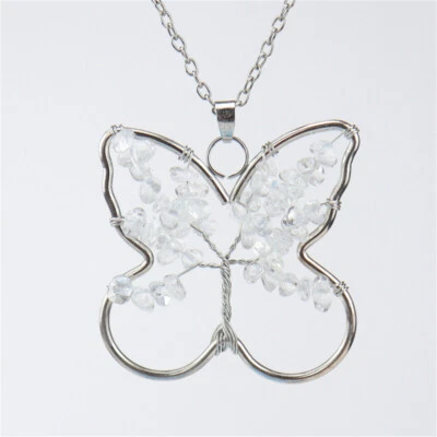 Natural Amethyst Jade Gem Butterfly Tree of Life Hollow Pendant Reiki Necklace - Image 1 of 4