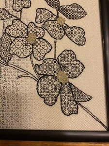 Handmade Black White Grey Flowers Embroidery Needle craft  Metal Framed No Glass - Picture 1 of 10