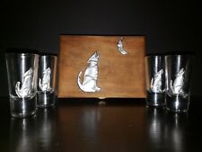 Shot Glass Set- Embellished Silver Wolf-With Wooden Box