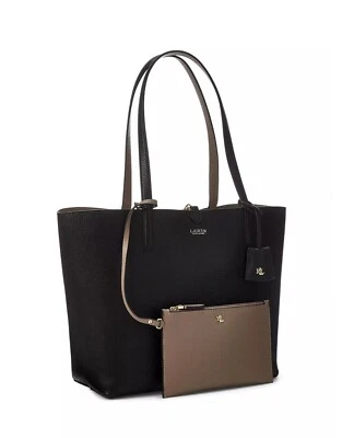Lauren Ralph Lauren Reversible Large Tote Bag Faux Leather Black/Taupe w/Pouch - Image 1 of 3