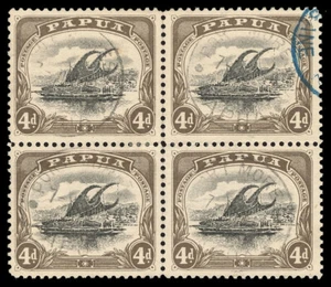 Papua 1909 "Lakatoi" 4d black & sepia DEFORMED 'd' AT LEFT block VFU. SG 63,63a. - Picture 1 of 1