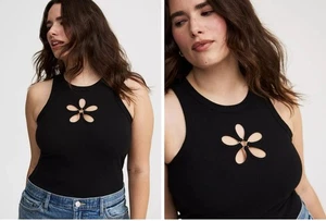 Neu mit Etikett Torrid Übergröße 3 tiefschwarz superweich gerippt Blumen O-Ring Tanktop 3x - Bild 1 von 3