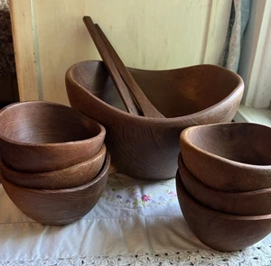 Vtg Teak Wood Salad Fruit Bread Serving Bowl Set 7 Piece Organic Shape Utensils - Picture 1 of 18