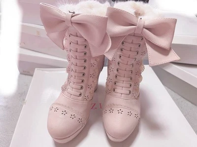 LIZ LISA Pink Ribbon Faux Fur Short Ankle Boots Women M US 6.5 Detachable Bow - Image 1 of 4