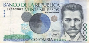 Colombia 20,000 Pesos 24.8.2009 P 454 Circulated Banknote JH 14 - Foto 1 di 2