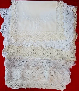 8 Vintage White & Cream Linen Rectangular Mats With Bobbin/Pillow Lace Edging - Picture 1 of 16