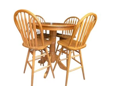 Farmhouse 36" Round Solid Oak Traditional Pub Table with 4 Swivel Chairs - Image 1 of 4