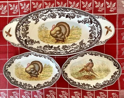 SPODE WOODLAND BREAD TRAY & 2 OVAL PICKLE SET TURKEY PHEASANT FALL BIRDS NEW - Image 1 of 4