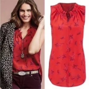 Cabi 5222 Red Floral Fierce Sprig Blouse sz M  Sleeveless Ruffle Career/Casual - Picture 1 of 8
