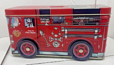 Banco de hojalata de juguete coleccionable Fire Truck Engine Co 5 tapa de metal rojo 8 X 4,5 " Tinboxco Foto 1 de 4