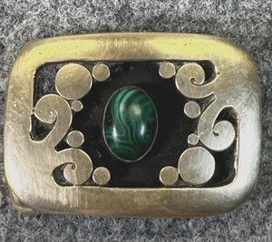 Vtg K. DuPree Brass Cab Belt Buckle Artisan Made Modernist Hippie 70s Malachite - Picture 1 of 7
