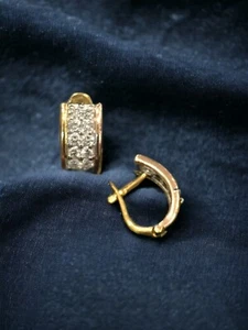 Pave 1.10 Ct F/VS1 Round Brilliant Cut Diamonds Two-Row Huggie Earrings 18K Gold - Picture 1 of 5