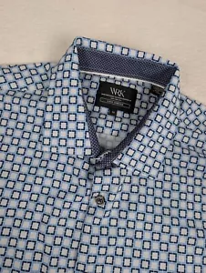 Camicia uomo WRK 4 vie elasticizzata LS con bottoni 18 quadrati blu geometrica nuova senza etichette - Foto 1 di 10