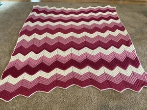 Vintage Afgan Blanket Handmade Crochet Knit 70 X 69 with Scalloped Edges Pink - Picture 1 of 7