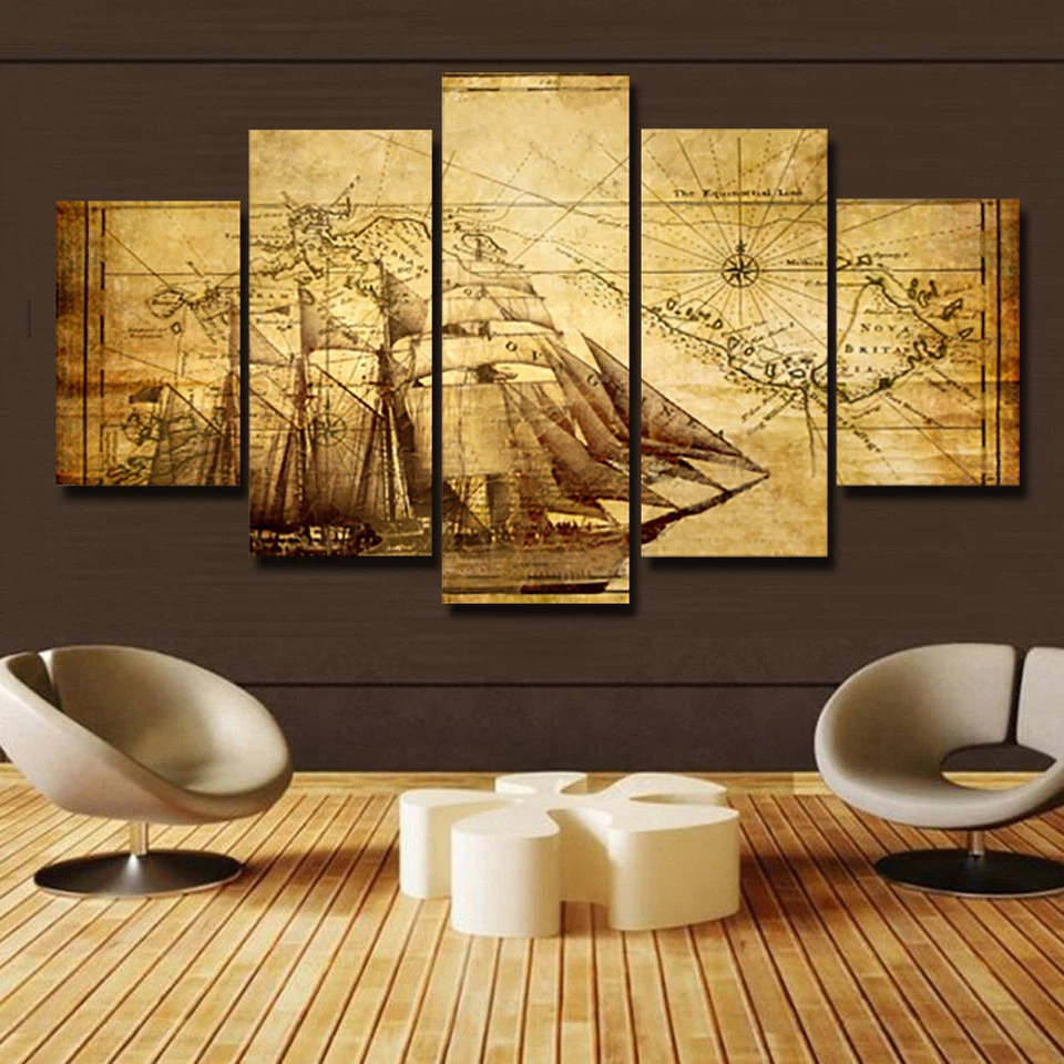 Nautical Chart Sea Sailboats Map Canvas Prints Painting Wall Art Home Decor 5PCS - Image 1 of 3
