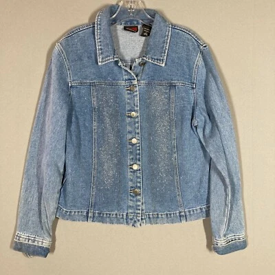 Chaqueta vaquera vaquera años 90 Y2K para mujer L azul brillo botón grunge hada Bratz muñeca  Foto 1 de 4