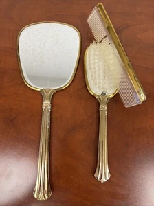 Vanity Hand Mirror, Brush, Comb Set Fair Condition Gold Tone - Picture 1 of 20