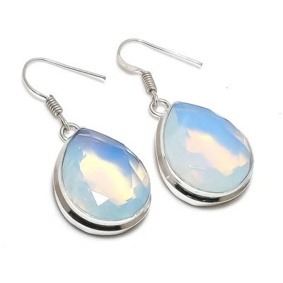 Milky Opal Pear Shape Gemstone Earrings Unique Drop Dangle Jewelry 1.8" MXE 5421 - Image 1 of 4
