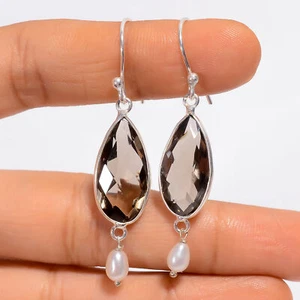 Lab Created Smoky Quartz Pearl Gemstone 925 Silver Handmade Earrings 2" ARE-4958 - Picture 1 of 3