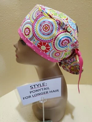 Kaleidoscope (pink) Women's Ponytail Surgical Scrub Hat/Cap Handmade - Image 1 of 4