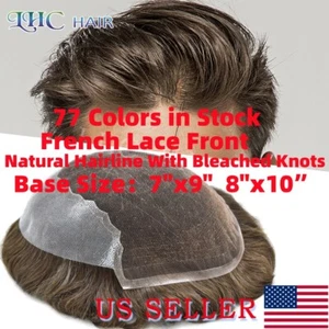 Swiss Lace Front Mens Toupee Human Hair Replacement System Skin PU Hairpiece Wig - Picture 1 of 79