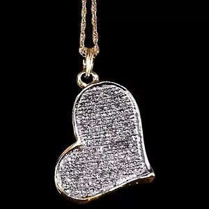 Collana in oro bianco giallo 10 kt con diamanti micro pavè cuore inclinato .40 ct 18" - Foto 1 di 12